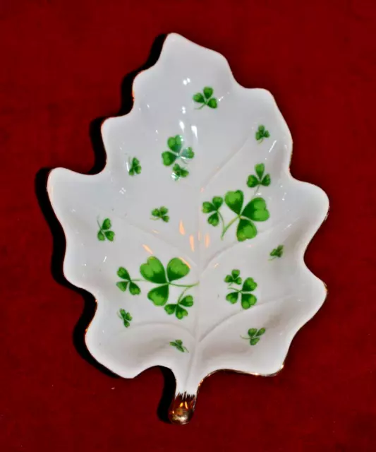 Lefton China Leaf Shaped Trinket Dish w/Green Shamrocks 6”x4" Three Leaf Clover