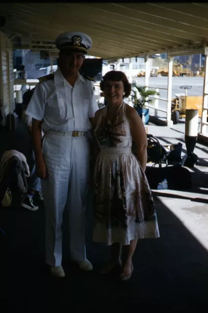 1950s Red Border 35mm Slide Kodachrome Captain and Woman on Cruise Ship