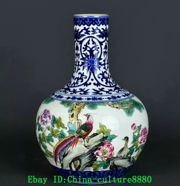 8.6" Qianlong Dynasty White Blue Famille Rose Porcelain Flower Bird Bottle Vase