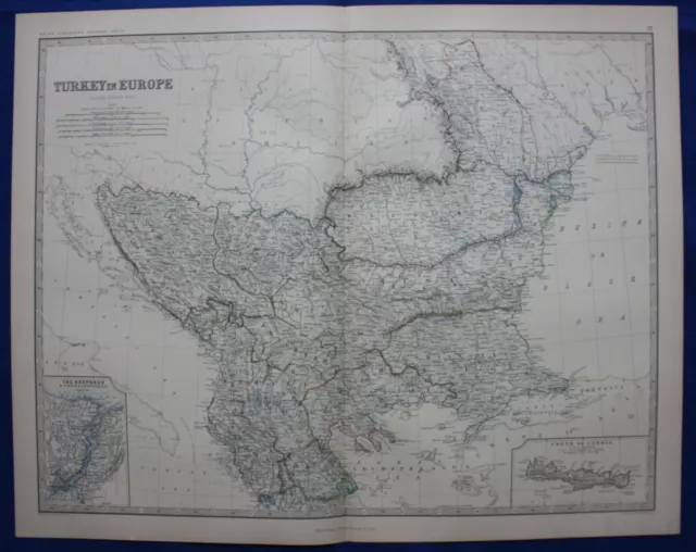 TURKEY IN EUROPE, BOSPORUS, CRETE, original antique map, Johnston, 1871