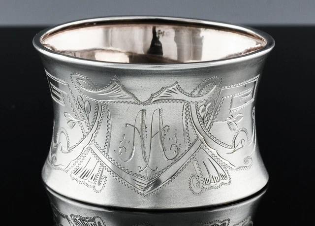 Fine Antique Continental 830 Solid Silver Etched Dinner Napkin Ring M Monogram 2
