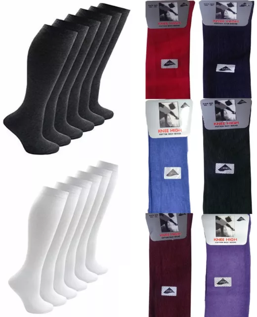 Girls Women Kids Back To School Plain Knee High Long Socks 80% Cotton 8 Colours