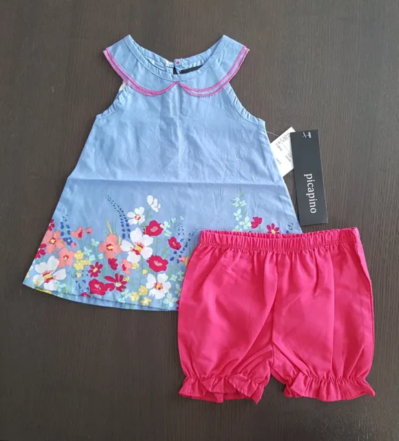 Beautiful Baby Girl Blue Floral Top & Pink Shorts Set Age 12 Mths Picapino BNWT