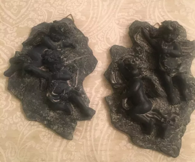 Lot de 2 plaques d'ange chérubin vintage pierre noire cintre cintre 2