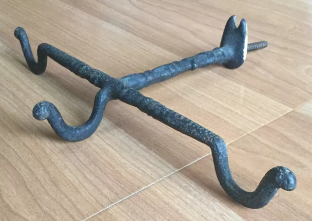 Old Vtg Cast Iron 3 Arm Metal Screw In Wall Hook Hardware Hanger Holder Unique