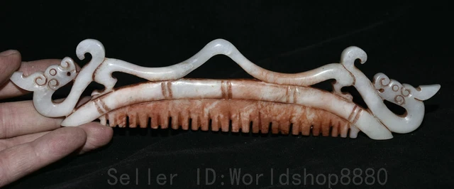 10" Old China Chinese hetian jade white jade carving 2 Dragon beast tuck comb