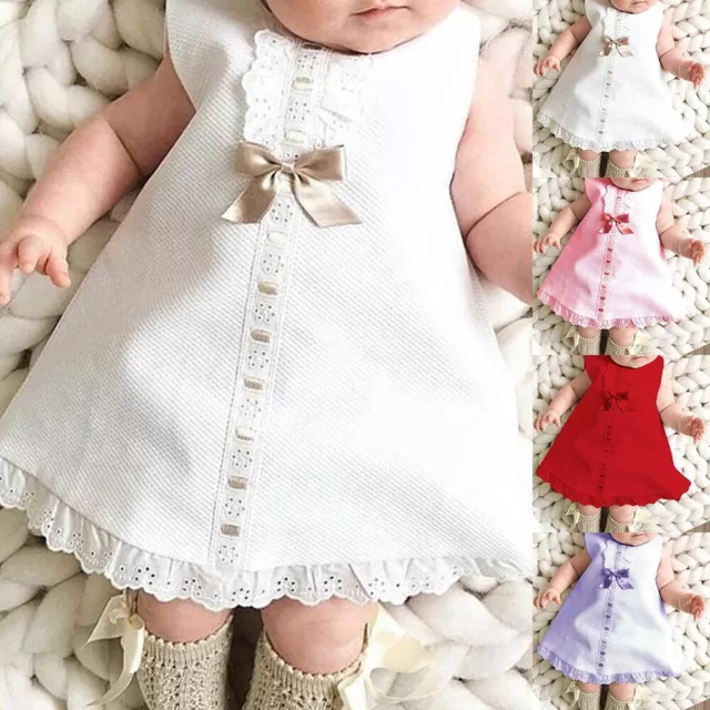 Newborn Infant Baby Girl Solid Lace Short Sleeve Dress Bow Headband Set Clothes