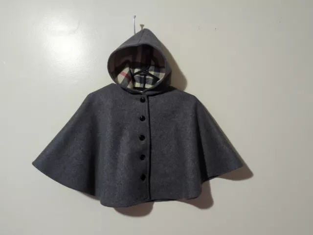 Burberry Children Gray Wool Rosa Hooded Button Cape Capelet Nova Check Girls L