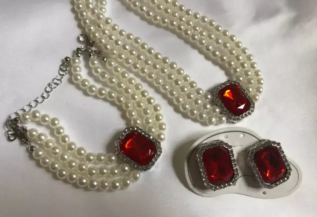 Faux Pearl Triple Strand Necklace Choker Front Red Stone Bracelet Earrings SET