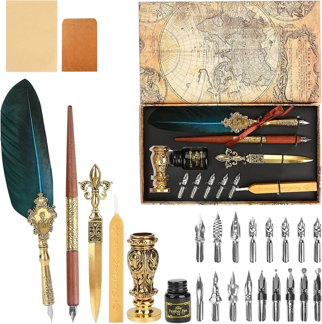 Set Regalo Scrittura Vintage: Taccuino In Pelle PU, Penna Con Piuma E Inchiostro (Rosso Vinaccia)