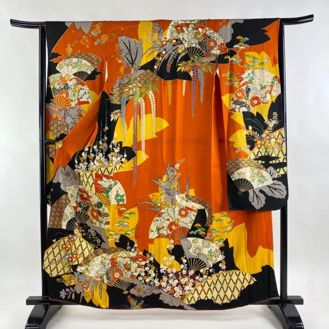 Japanese Kimono Silk Furisode Long Sleeves Gold Leaf Fan Flower Grass Orange 62"
