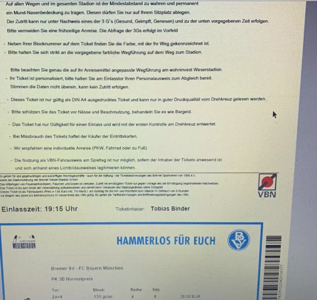 Sammler Used Ticket Bremer SV - FC Bayern München Print@Home DFB-Pokal 25.08.21