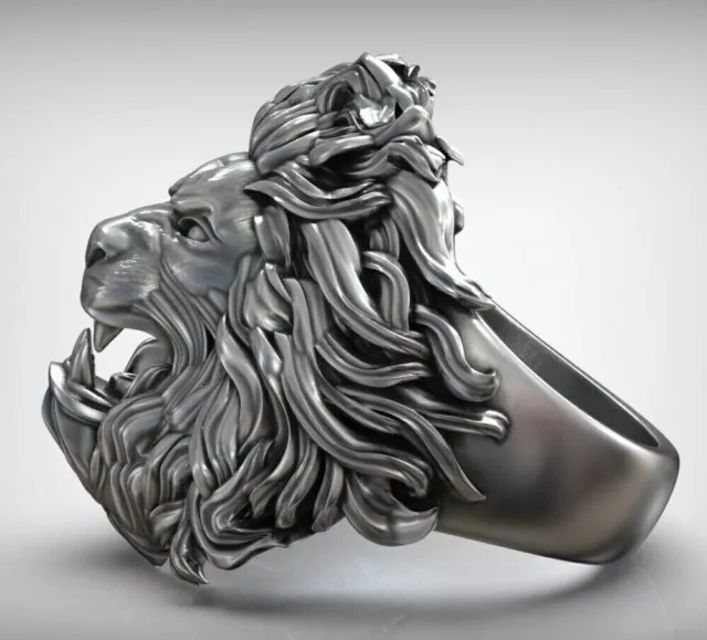 Lion King Beasts Head Mens Ring 925 Sterling Silver Biker Rider Animal Ring... 3