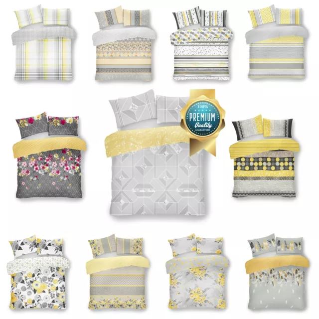 Yellow Grey Printed Duvet Set Quilt Cover Reversible Bedding Single Double King