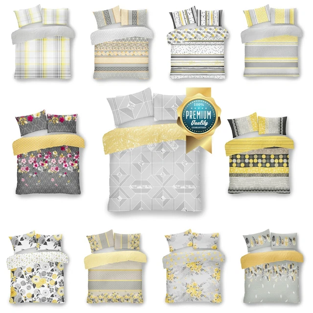 Yellow Grey Printed Duvet Set Quilt Cover Reversible Bedding Single Double King