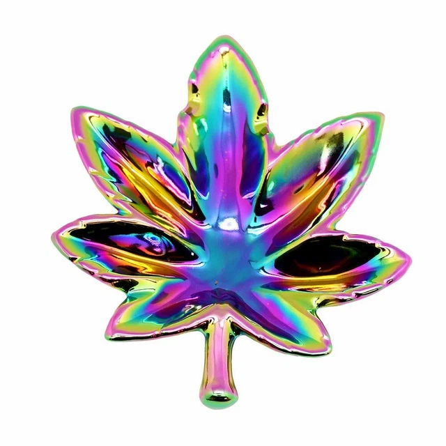 Fantasy Gifts Hemp Leaf Rainbow Iridescent Ashtray - 4.8"x6"