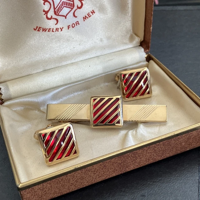 Anson CUFFLINKS & TIE BAR in original case 1940s Gold Plate Cut-out Red Glass 2