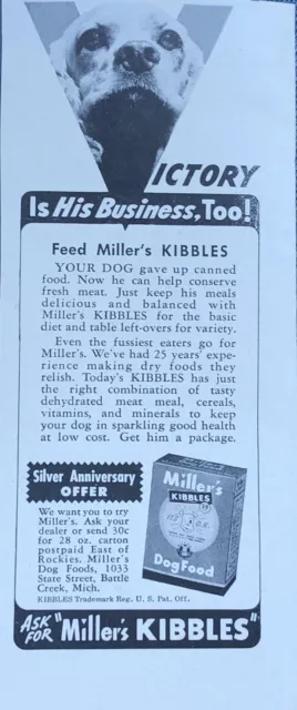 PRINT AD 1940s Millers Kibbles Dog Food Victory His Business Too WWII 3”x7” Ad