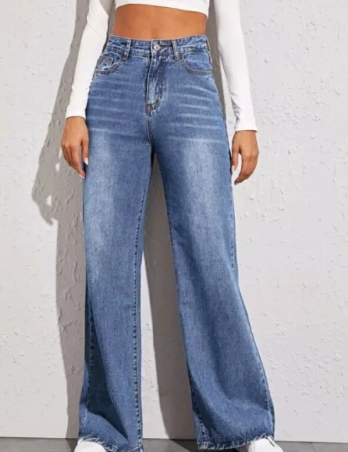 Womens Baggy Jeans Casual Loose Denim Straight Pants High Waist Trousers Size UK