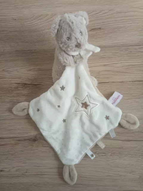 Doudou Peluche Pommette Ours Gris Beige Mouchoir Blanc Etoile Marron