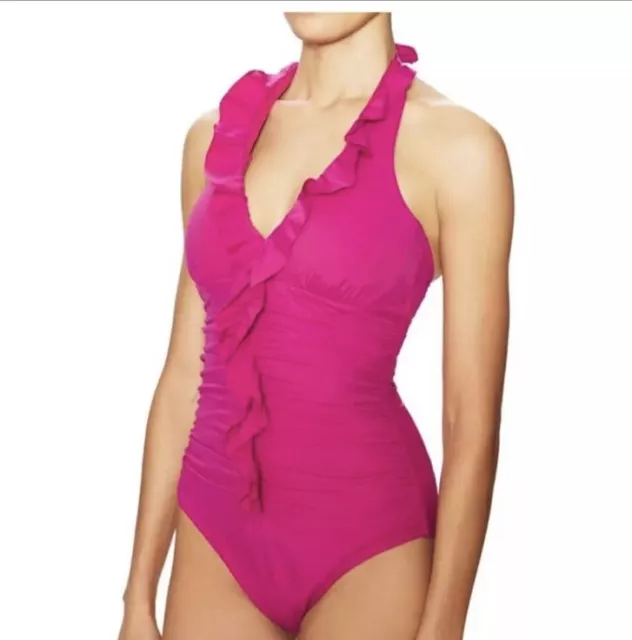 Love Your Assets Swim Spanx Sz L Pink One Piece Swimsuit Ruffle Slimming