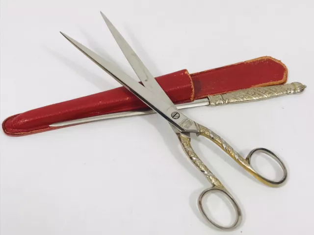 Vintage Desktop Items Solingen Germany Scissors Letter Opener Red Leather Holder