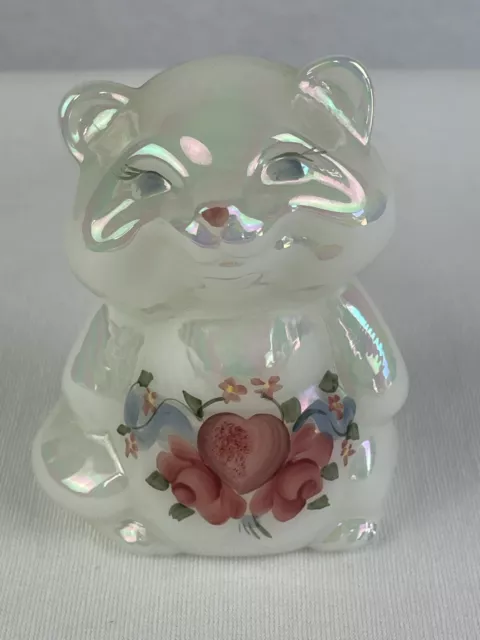 Fenton Hand Painted Hearts & Flowers Pearlized Opal Raccoon Figurine