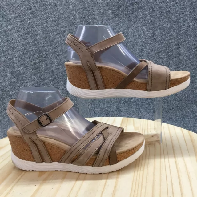 Earth Origins Sandals Womens 10 M Open Toe Wedge Strappy Cork Brown Leather