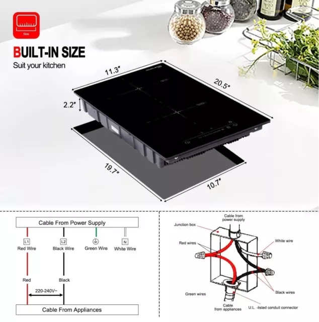 2400W 110V Electric Built in Dual Induction Cooker Cooktop, Countertop 2  Burners
