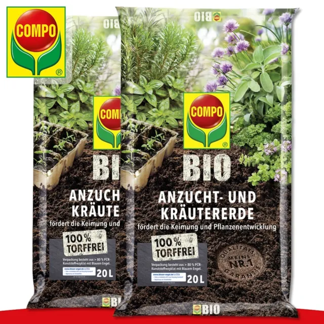 COMPO 2x 20L Bio Anzucht- & Kräutererde Torffrei Wachstum Nährstoffe Beet Garten