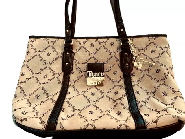 Juicy Couture Tan Logo Fabric Tote, Brown Faux Leather Trim, Gold Charm, Zip Top