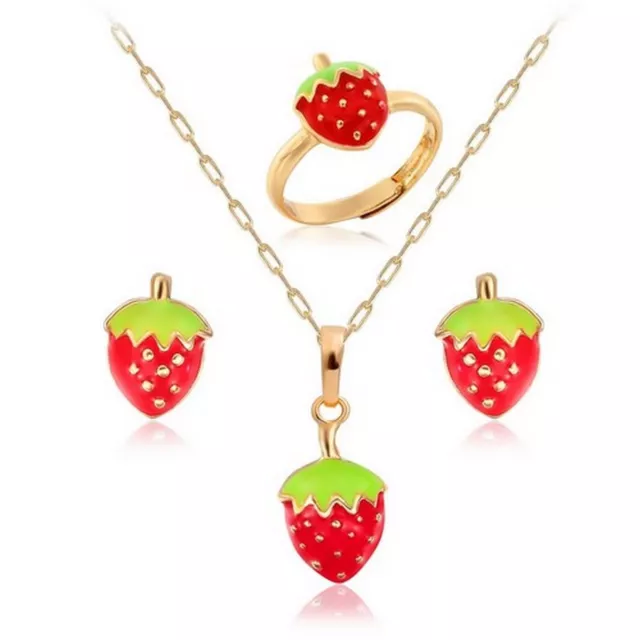 Parure Bijoux Enfants Metal Rhodié Ton Or 3 Pièces Email Rouge et Vert Fraise