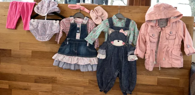 Baby Girls Outfit Bundle 3-6 Months Denim Floral Dungarees Lace Dress Next Coat