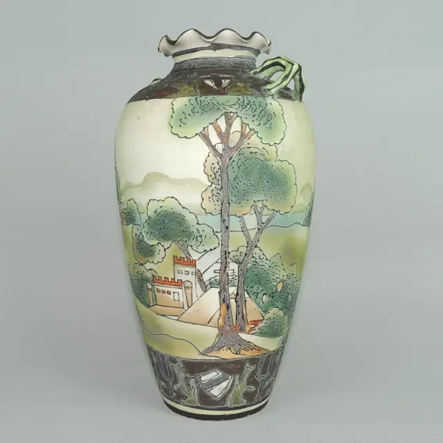 Nippon Hand Painted Scenic Porcelain 2-Handled Marriage Vase Gold Trim EXC