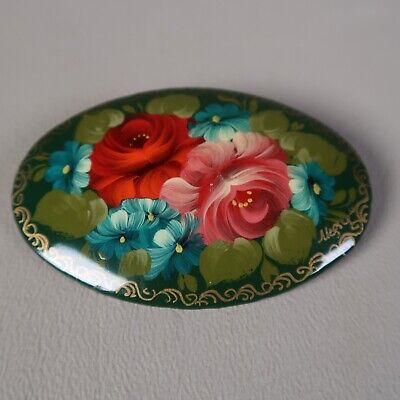 Vintage Russian Wooden Hand Painted Flowers Bouquet Lacquer Brooch Pin Oval Teal