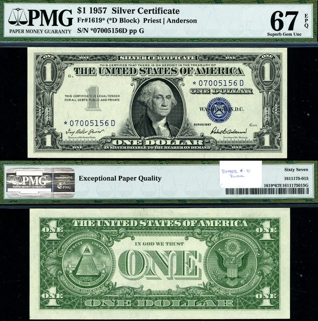 FR. 1619* $1 1957 Silver Certificate *-D Block Superb Gem PMG 67 EPQ Star