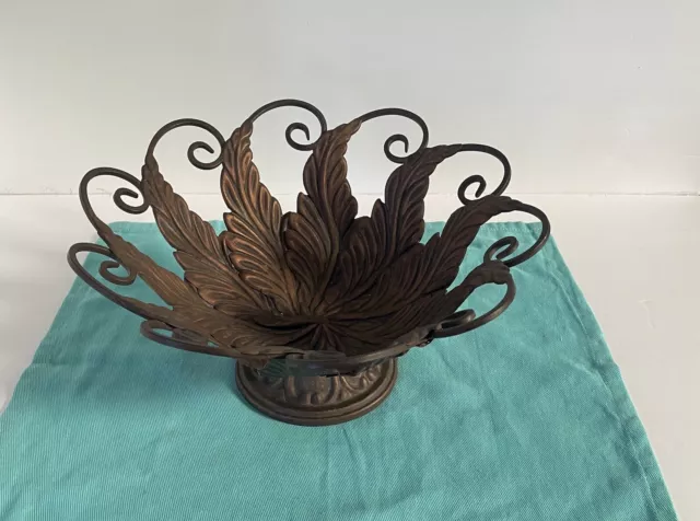 Vintage Decorative Metal Pedestal Bowl Cast Wrought Iron Round Ornate Leaf 12"