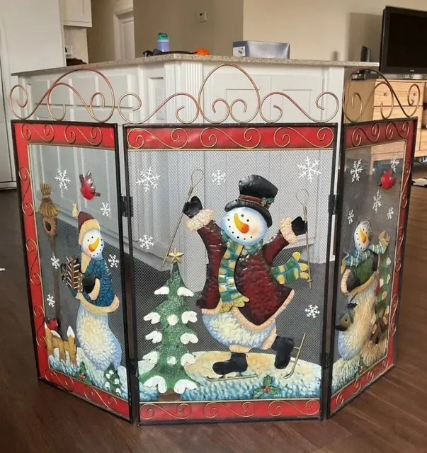 Vintage Christmas/Holiday Folding Metal Mesh Tri-Fold Fireplace Screen Snowman
