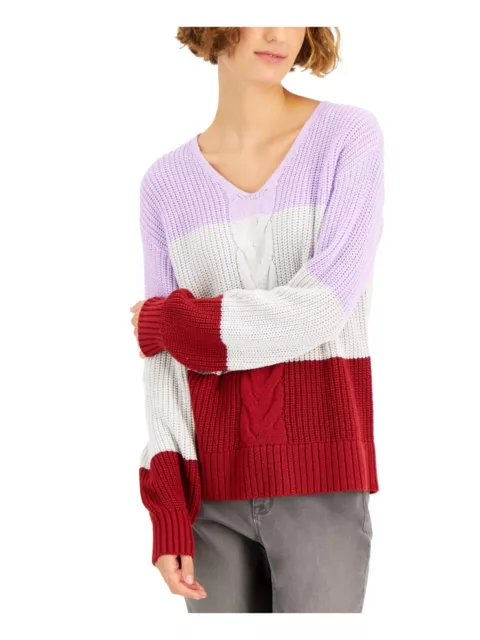 MSRP $50 Style & Co Cable Front Color Block V Neck Sweater Purple Size Small