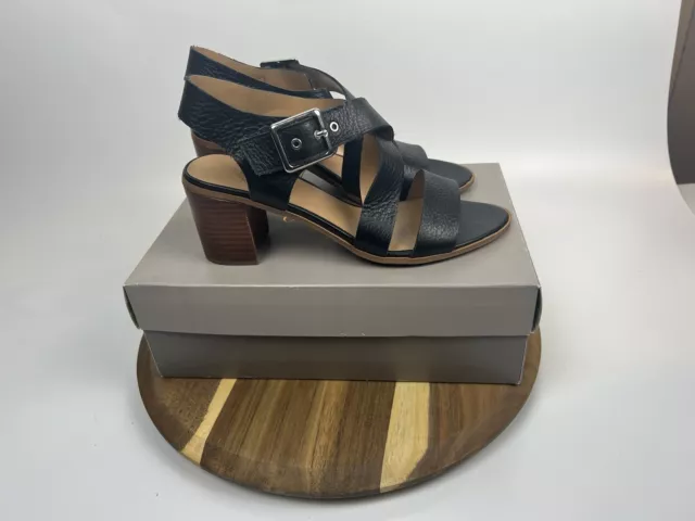 EUC Franco Sarto Women's Helga Sandal Black Leather Stacked Block Heel Size 9