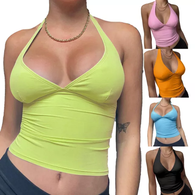 Womens Sexy Deep V Neck Tank Top Vest Slim Fit Sleeveless Halter Lace-Up Tops