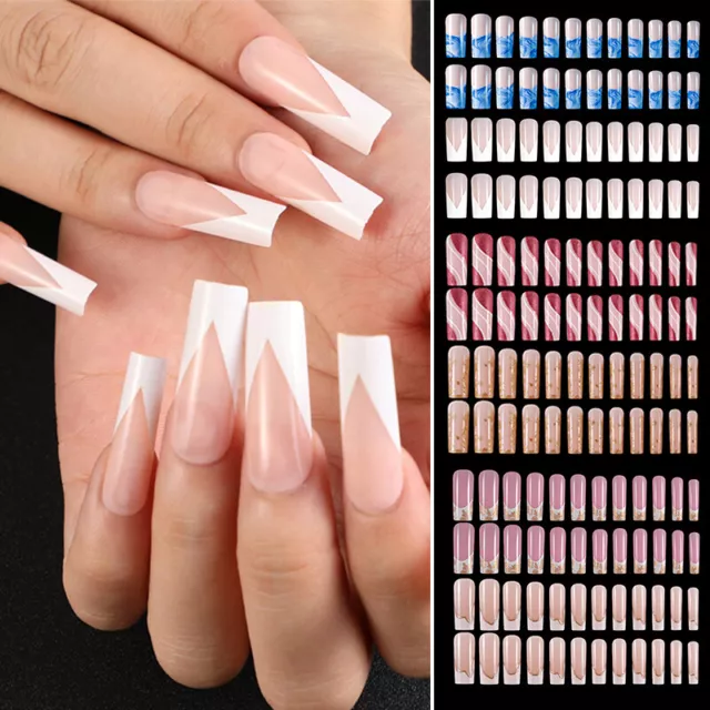 French Full Long Cercueil Ballerina Press On Nails Fake False 24Pcs Nail Set R