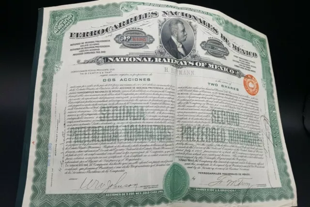 NATIONAL RAILWAYS OF MEXICO 2 Shares 1909 Stock Certificate for framing or prop