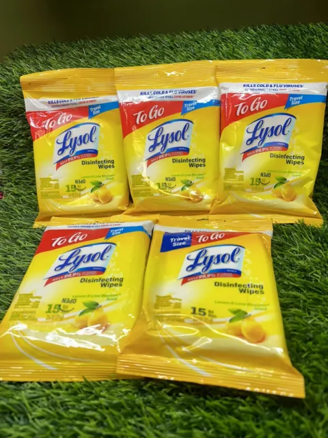 5 packs 15 Ct Each ~ Lysol To Go Disinfecting Wipes  Lemon Lime Blossom Scent