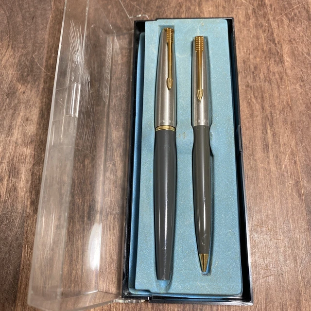 1960's PARKER 45 Convertible Pen/Pencil  Set, Green/Brushed Silver w/Gold Clips