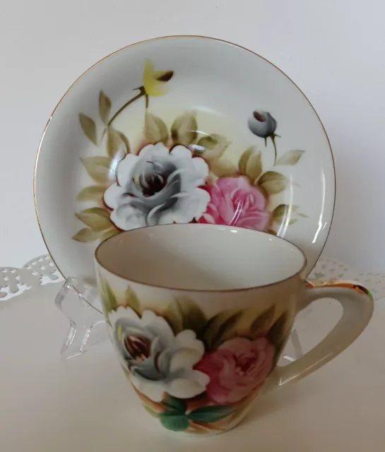 Vintage Roses Teacup And Saucer China Pink Blue Green White Gold