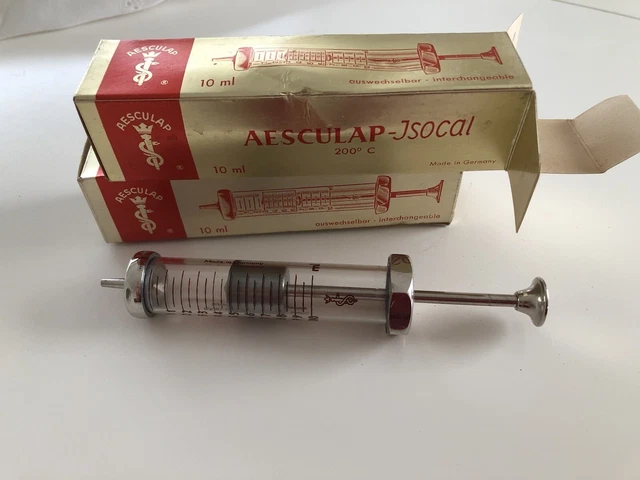 Spritze aus Glas und Metall, Originalverpackung, Aesculap Jsocal, Halloween