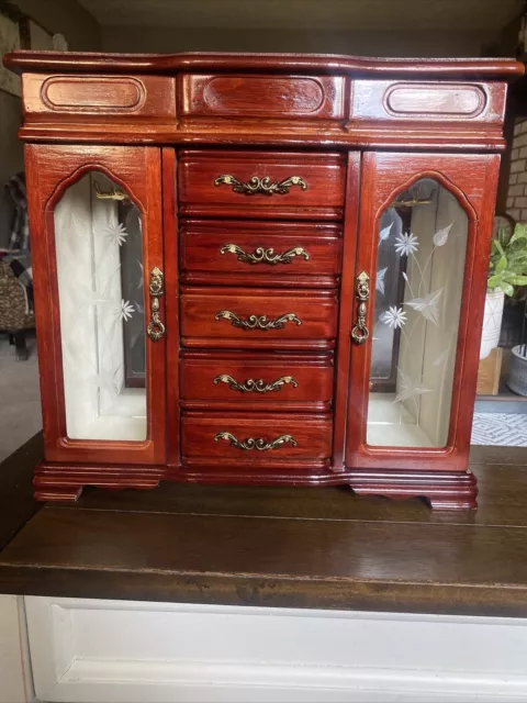 VINTAGE Wooden Jewelry Box Cabinet Chest Armoire Style Organizer w/ Etched Glass