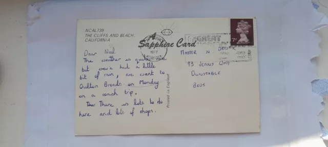 A postcard, Greeting from California Great Yarmouth 1977 Dunstable posted 2