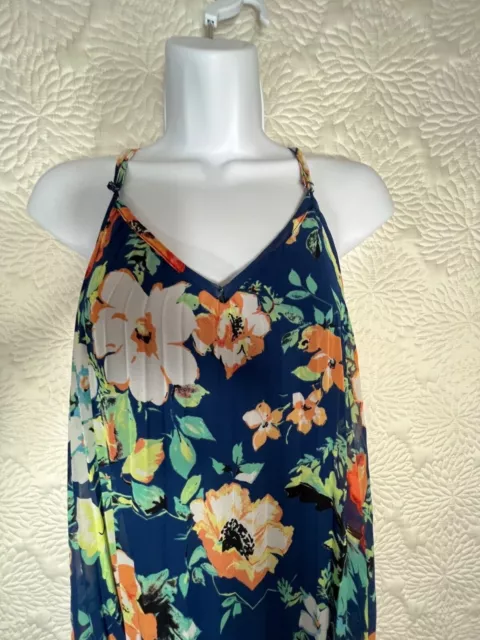 Womens B Darlin Blue Floral Pleated Spaghetti Strap Maxi Dress Flowy sz M 9/10